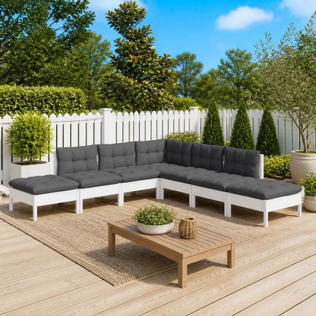 7 Piece Modular Lounge Set Solid Pinewood White with Cushions Outdoor Garden Furniture
