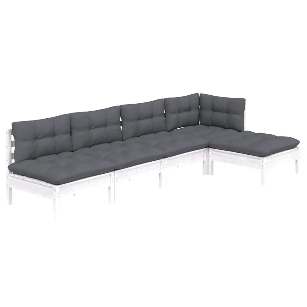 Outdoor Garden Lounge Set 5 Piece White Pinewood Patio Furniture with Cushions