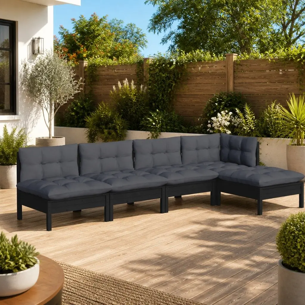 Garden Lounge Set Pinewood Modular 5 Piece Outdoor Patio Furniture with Cushions Black