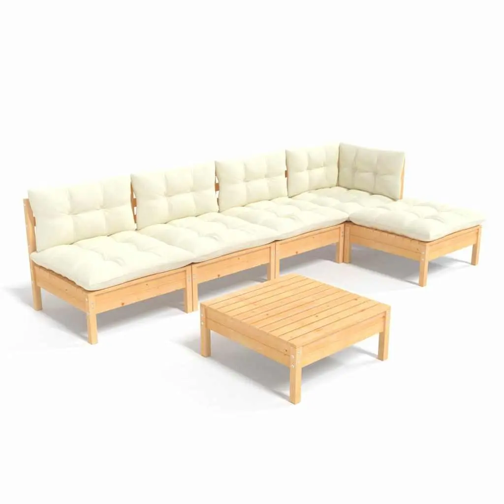 Garden Lounge Set 6 Piece Outdoor Patio Furniture with Cream Cushions Pinewood