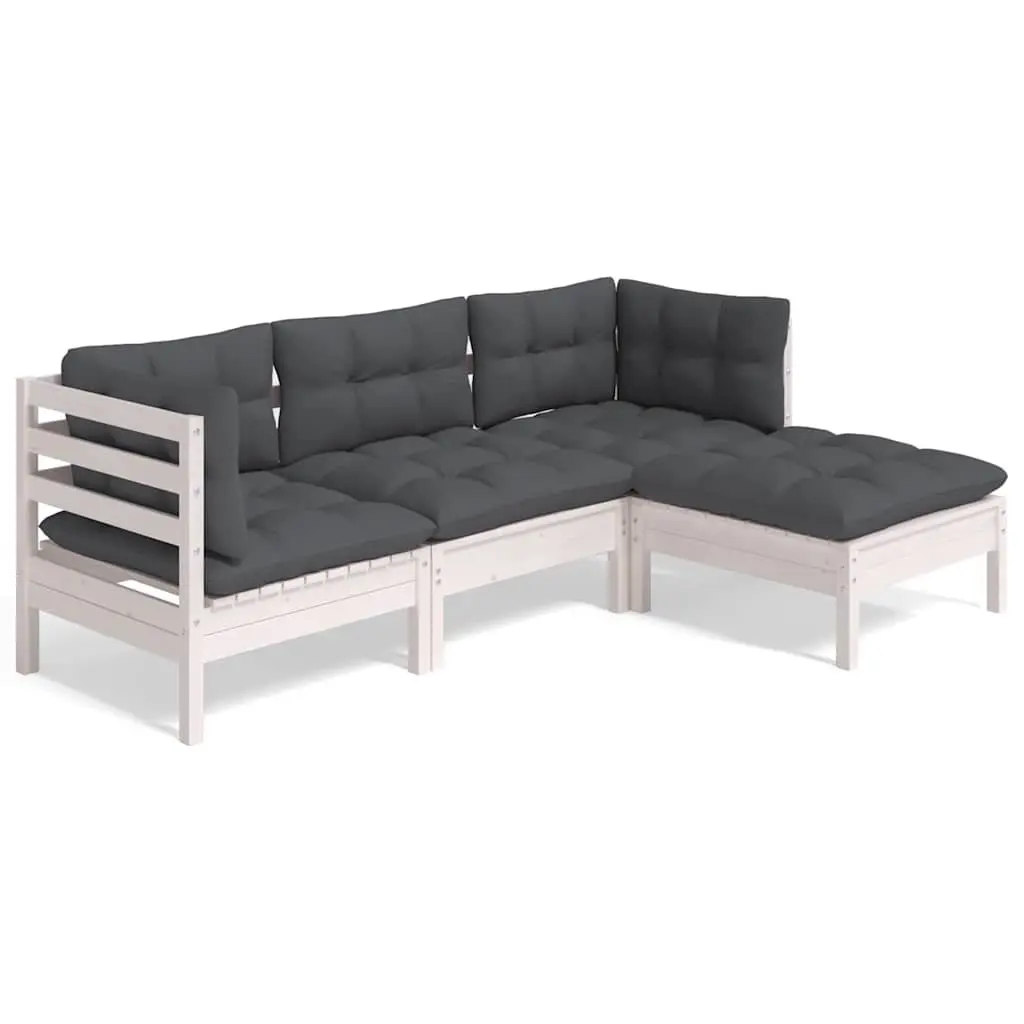 4 Piece Lounge Set Pinewood with Cushions Modular White Outdoor Garden