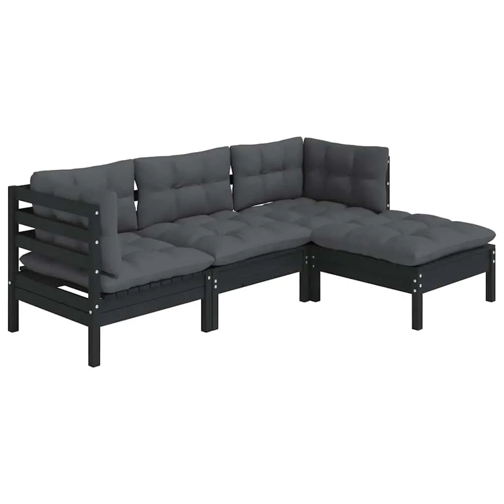 4 Piece Garden Lounge Set Black Pinewood Outdoor Furniture with Cushions Patio