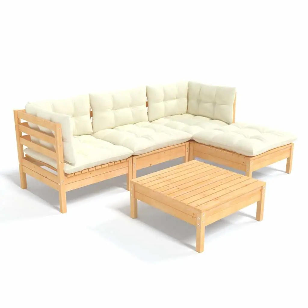 5 Piece Outdoor Garden Lounge Set Solid Pinewood Modular with Cream Cushions