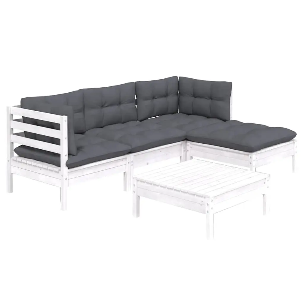 Garden Lounge Set Solid Pinewood 5 Piece White Patio Furniture with Cushions Outdoor