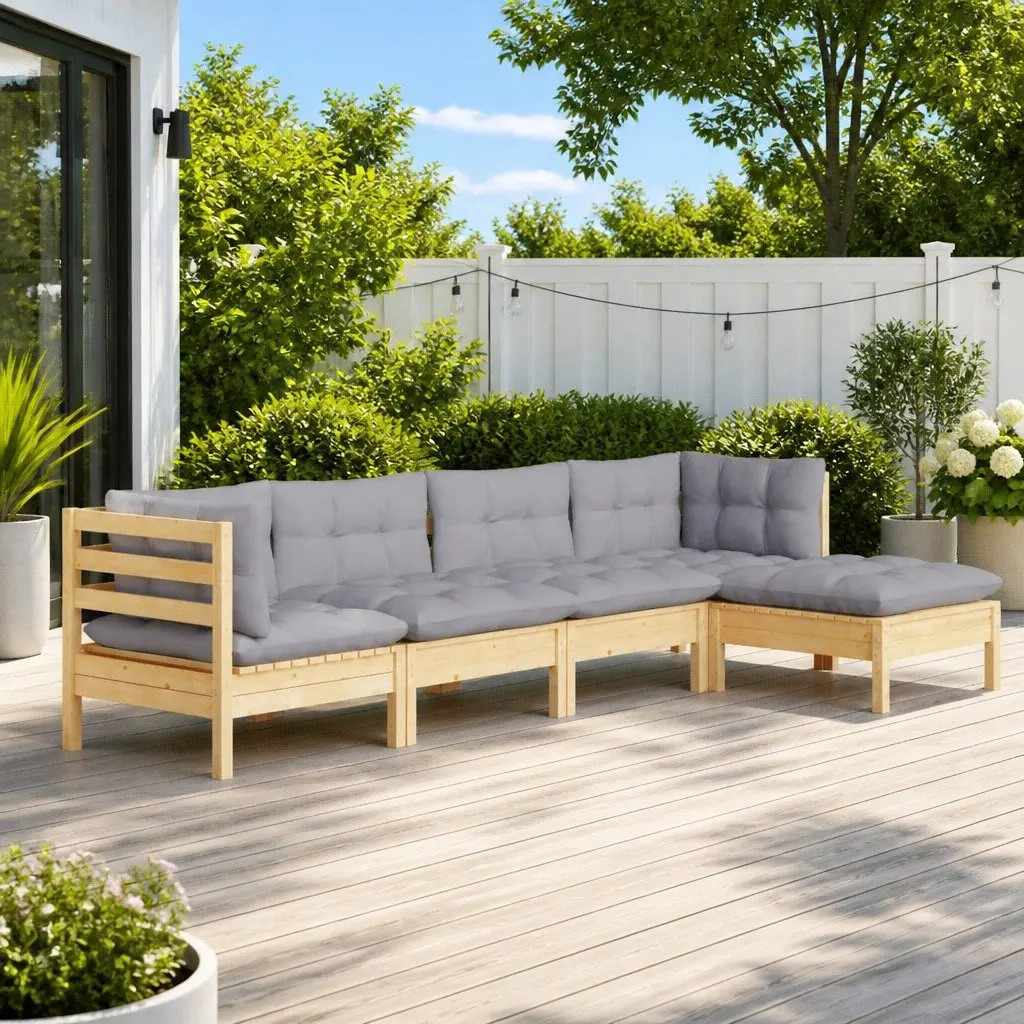 Outdoor Lounge Furniture Set Modular Pinewood 5 Piece Grey Cushions