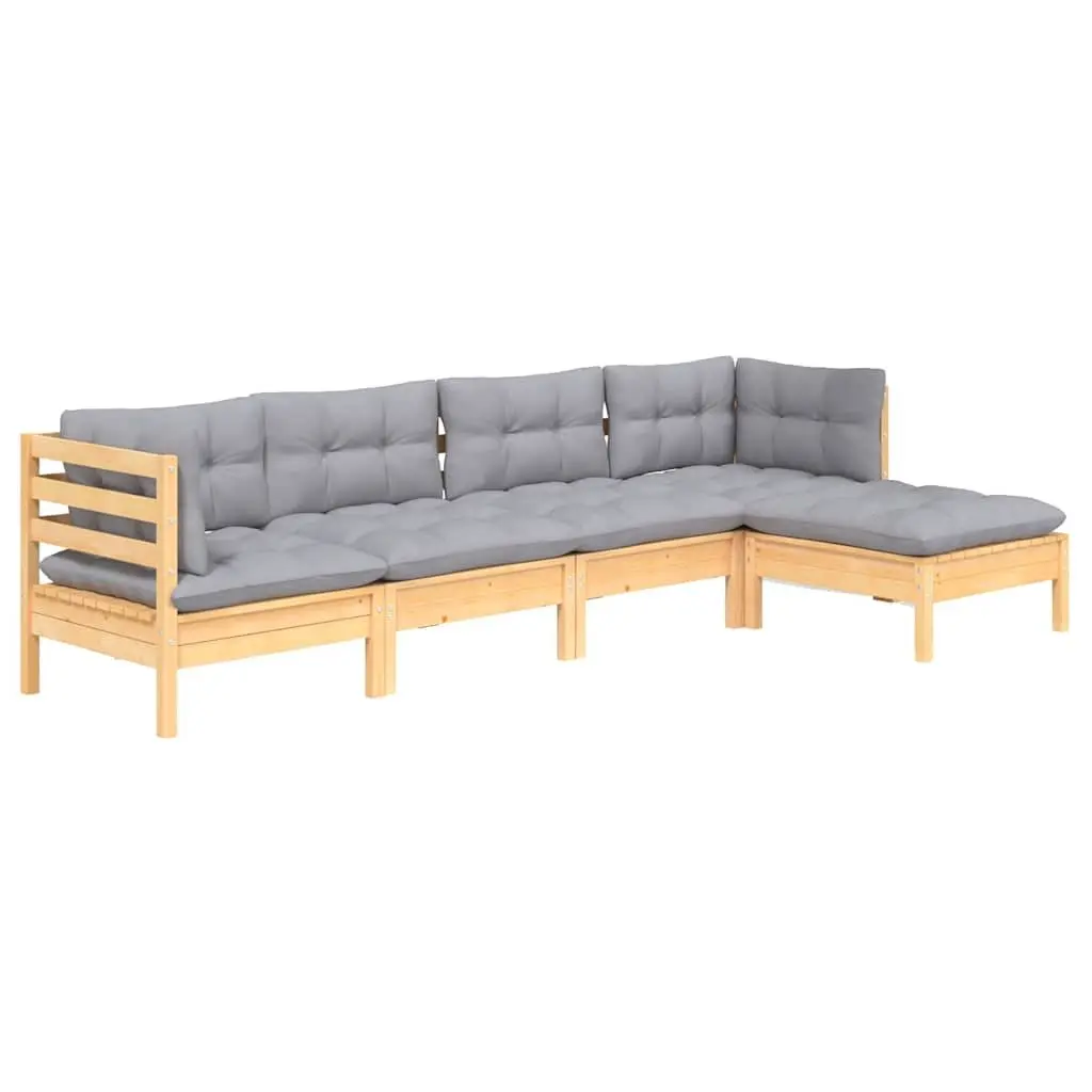 Outdoor Lounge Furniture Set Modular Pinewood 5 Piece Grey Cushions