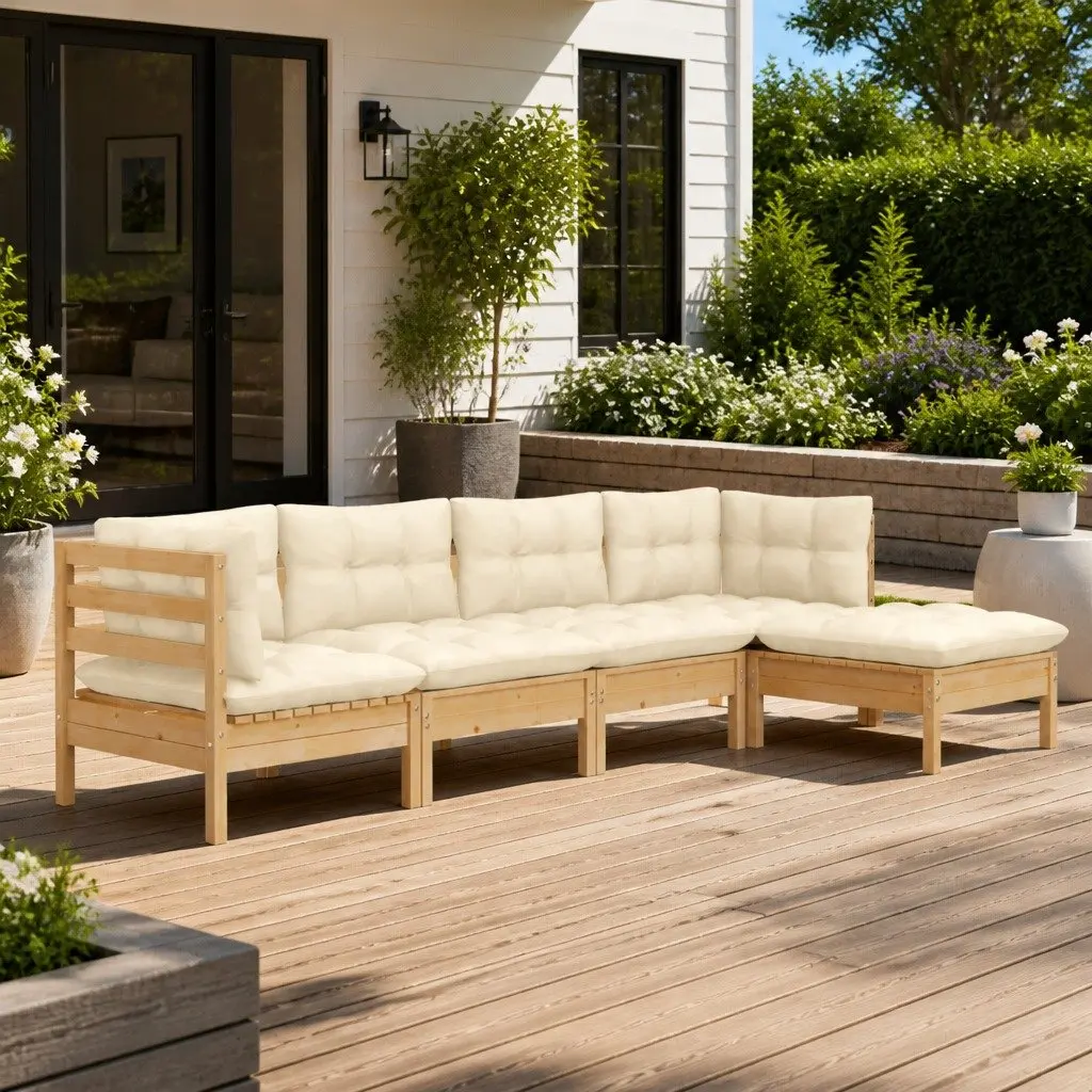 Garden Lounge Set Solid Pinewood 5 Piece Outdoor Furniture Cream