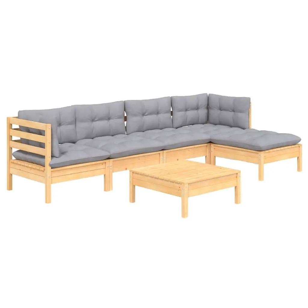 6 Piece Wooden Garden Lounge Set with Grey Cushions Outdoor Patio Furniture