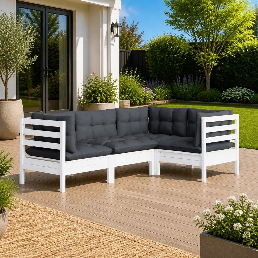 4PieceOutdoorLoungeSetSolidPinewoodModularDesignWhiteWithCushions