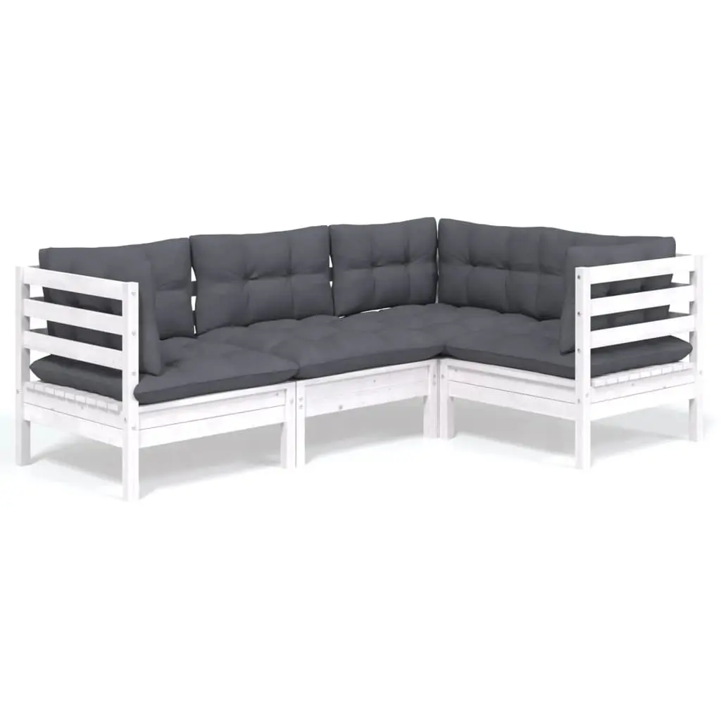 4PieceOutdoorLoungeSetSolidPinewoodModularDesignWhiteWithCushions