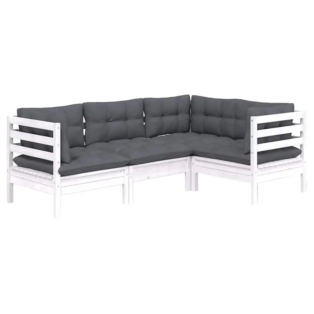 4PieceOutdoorLoungeSetSolidPinewoodModularDesignWhiteWithCushions