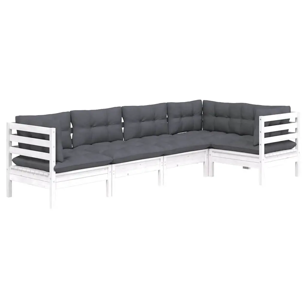 Garden Lounge Set 5 Piece White Pinewood Outdoor Furniture with Cushions Patio