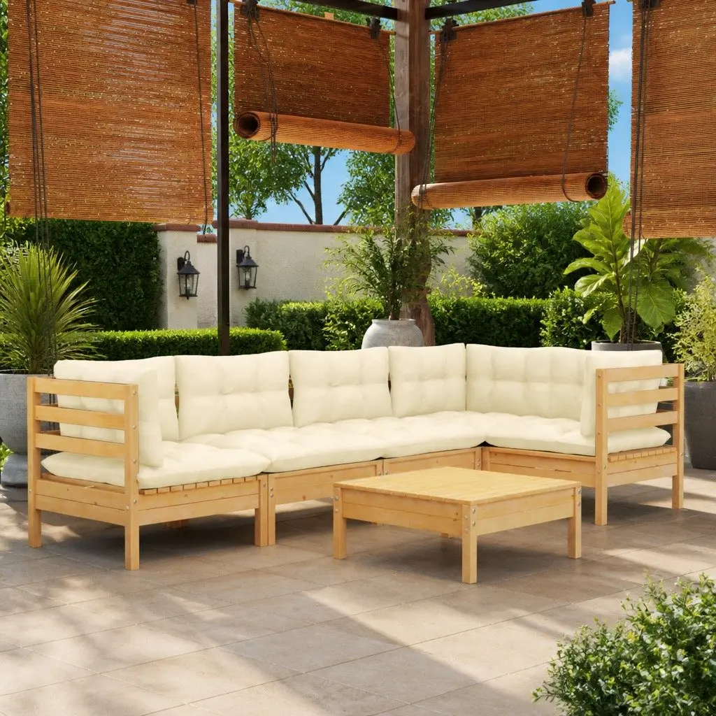 6 Piece Outdoor Lounge Set Modular Cream Cushions Solid Pinewood Patio Furniture