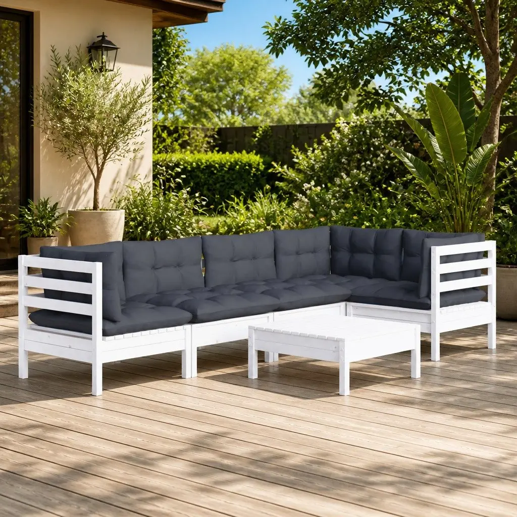 Wooden Garden Lounge Set 6 Piece White Pinewood Patio Furniture with Cushions