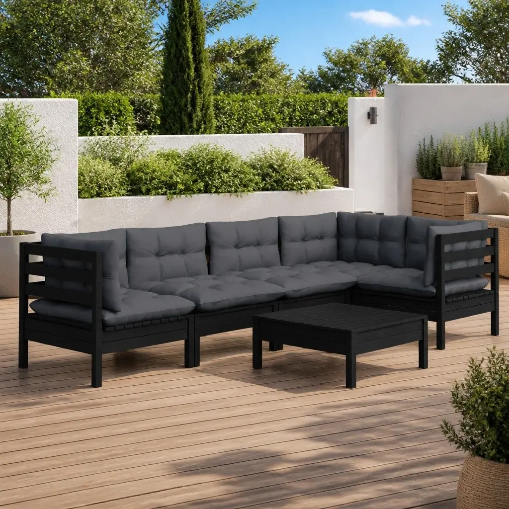 6 Piece Garden Lounge Set Pinewood Cushions Black