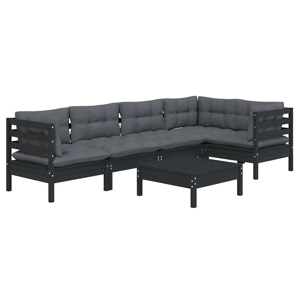 6 Piece Garden Lounge Set Pinewood Cushions Black