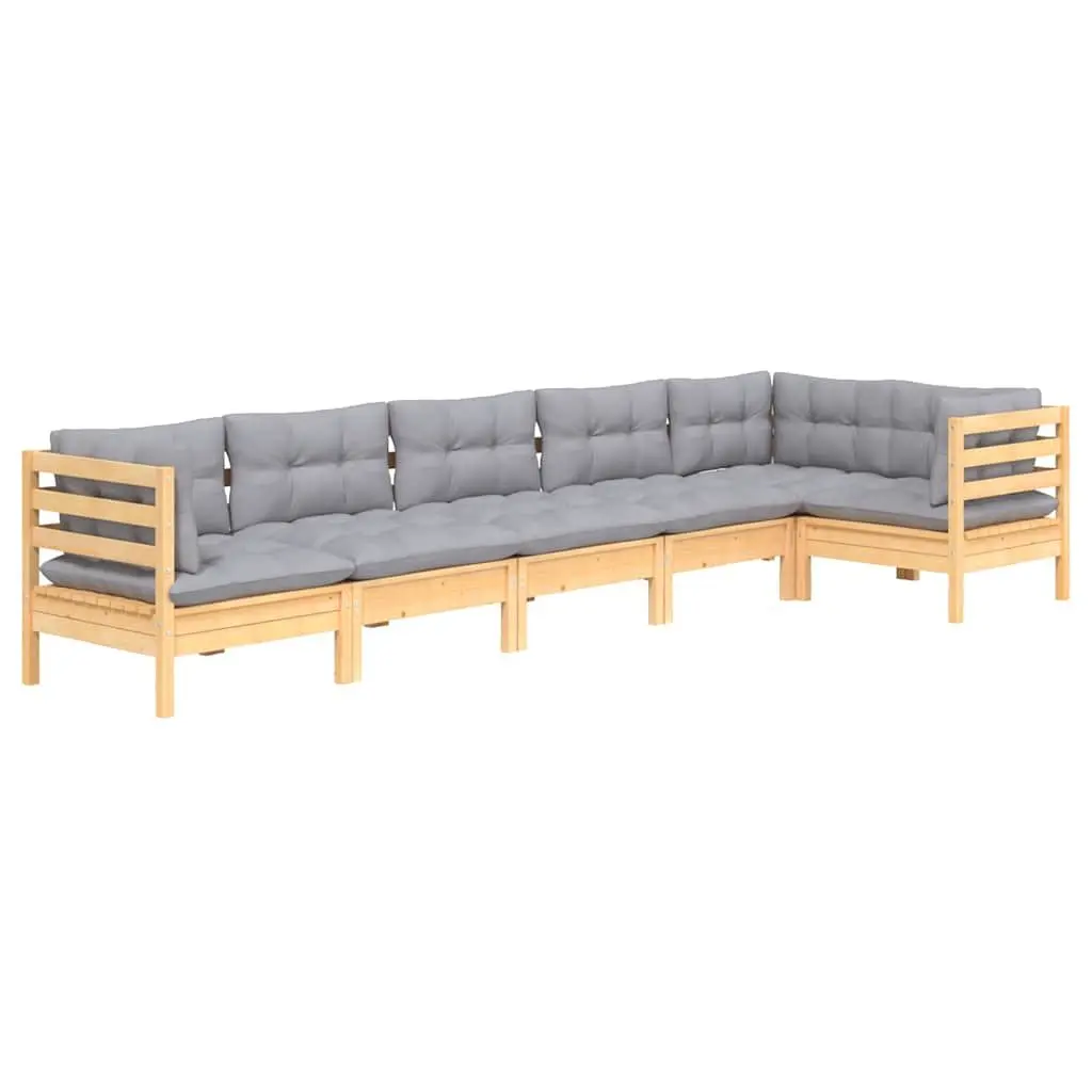 Garden Lounge Set Solid Pinewood 6 Piece Modular Outdoor Patio Furniture Grey Cushions