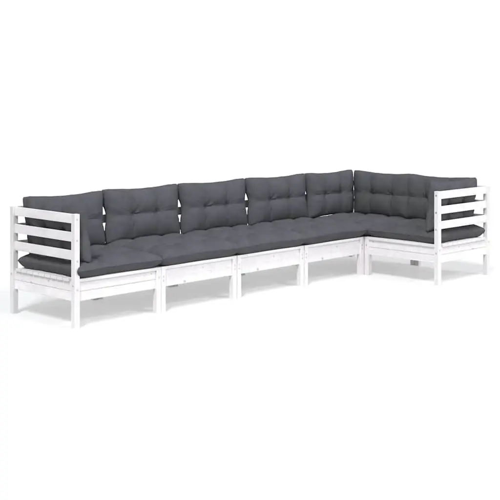 Wooden Garden Lounge Set Solid Pinewood 6 Piece Outdoor Patio Furniture White Cushions Modular