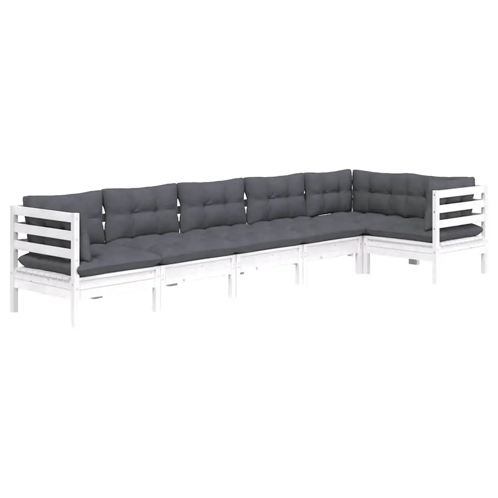 Wooden Garden Lounge Set Solid Pinewood 6 Piece Outdoor Patio Furniture White Cushions Modular