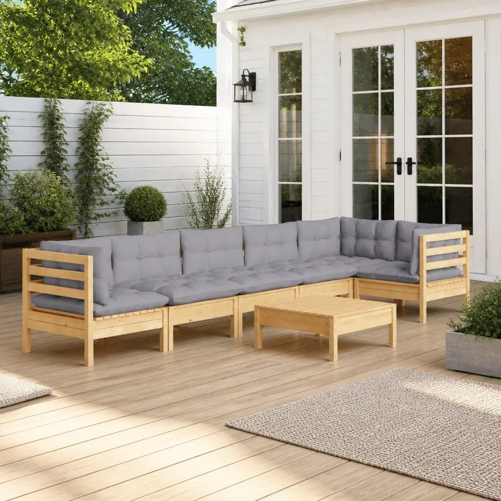Garden Lounge Set Pinewood 7 Pieces Outdoor Patio Furniture Grey Cushions
