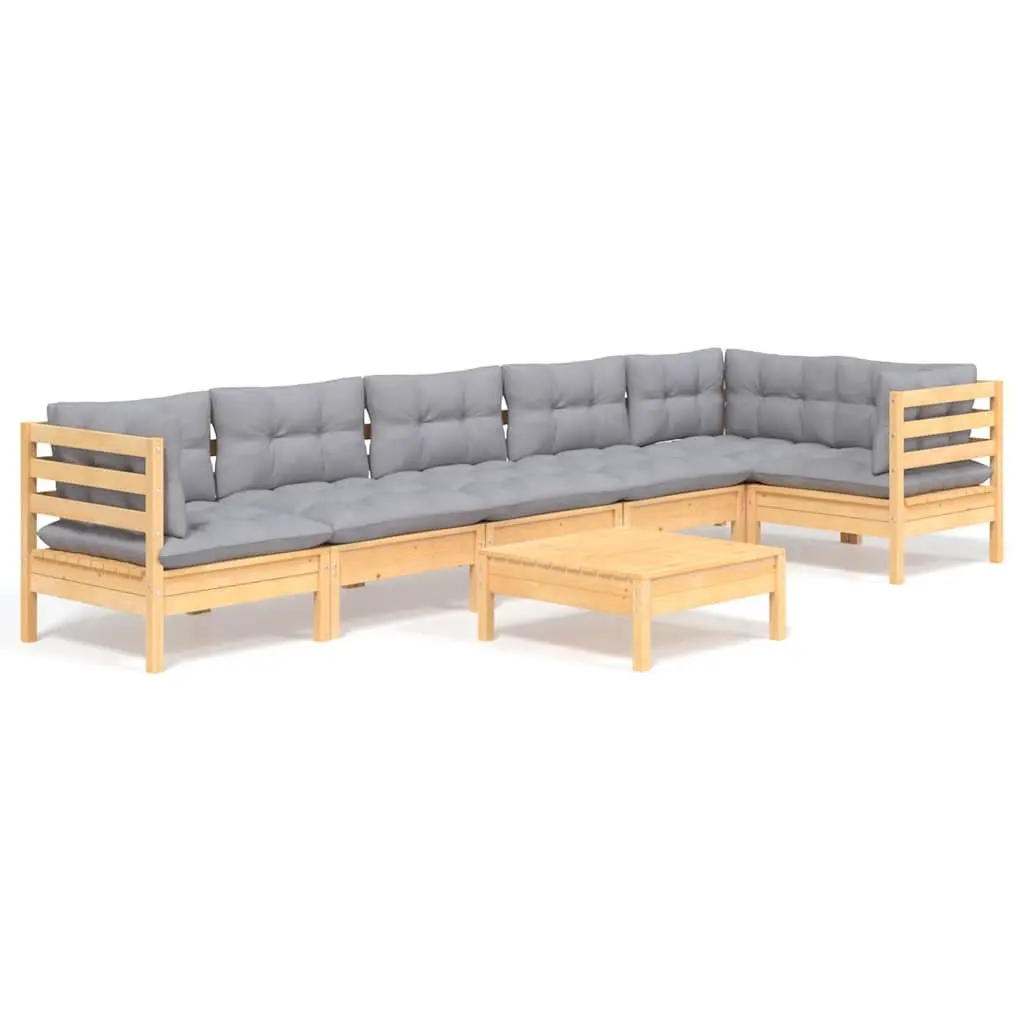 Garden Lounge Set Pinewood 7 Pieces Outdoor Patio Furniture Grey Cushions