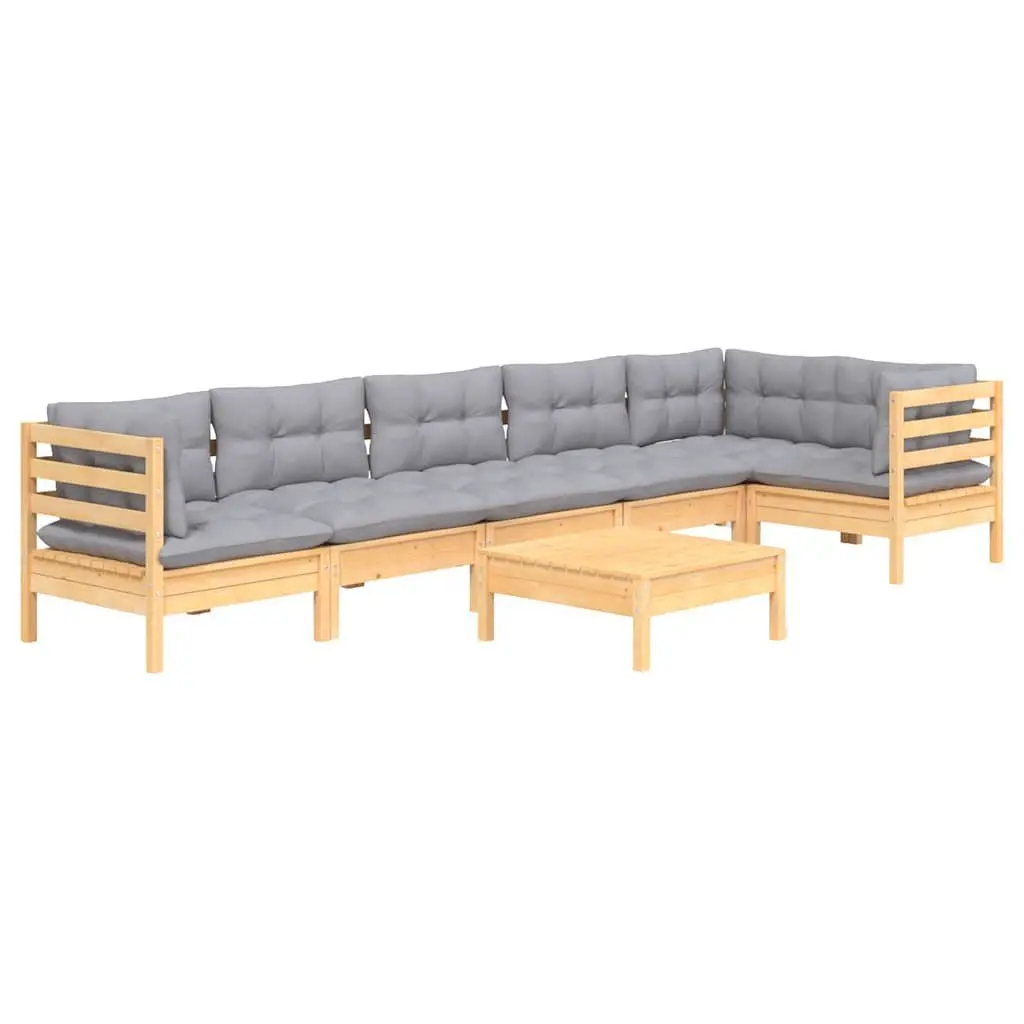 Garden Lounge Set Pinewood 7 Pieces Outdoor Patio Furniture Grey Cushions