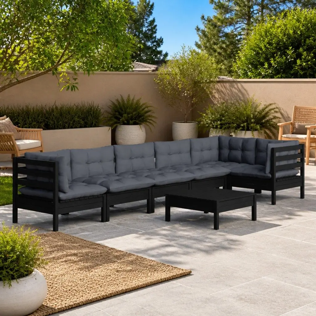 Garden Lounge Set Solid Pinewood 7 Piece Black Outdoor Furniture with Cushions