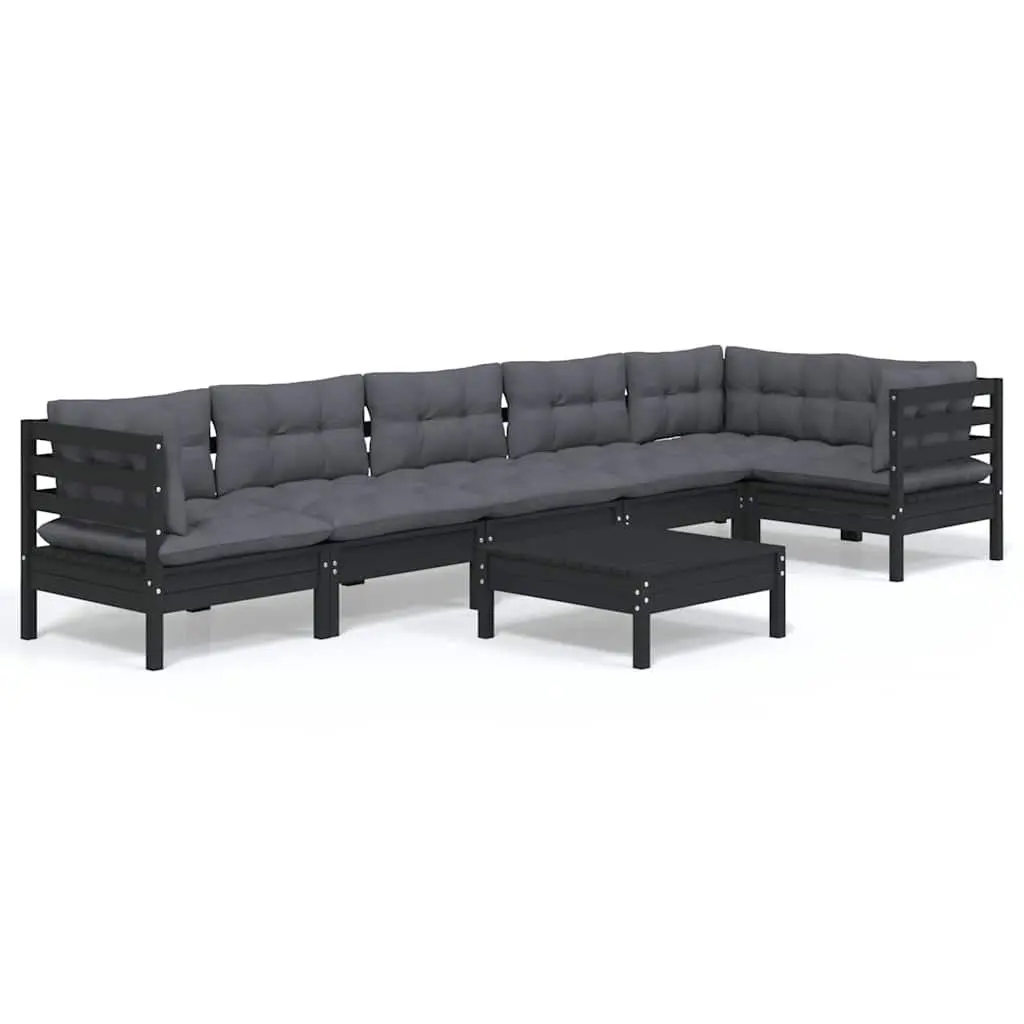 Garden Lounge Set Solid Pinewood 7 Piece Black Outdoor Furniture with Cushions