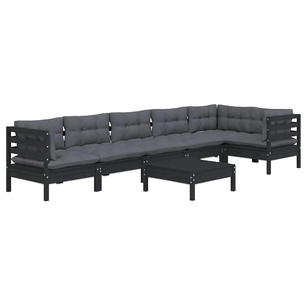 Garden Lounge Set Solid Pinewood 7 Piece Black Outdoor Furniture with Cushions