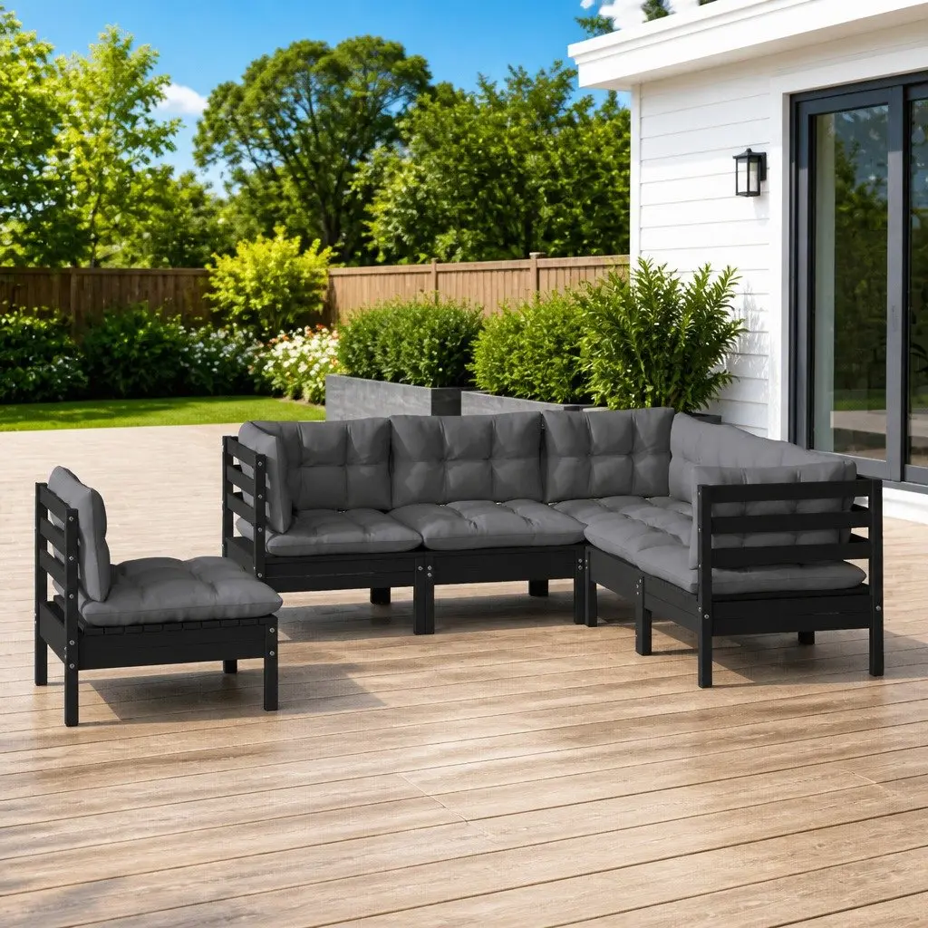 Outdoor Furniture Modular Pinewood Lounge Set 5 Piece Black with Cushions