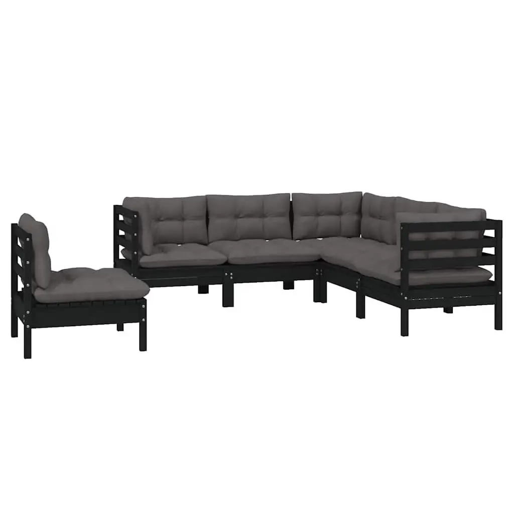 Outdoor Furniture Modular Pinewood Lounge Set 5 Piece Black with Cushions