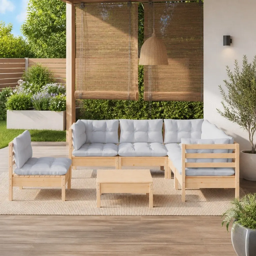 Garden Lounge Set Wooden 6 Piece Outdoor Patio Furniture Grey Cushions Modular