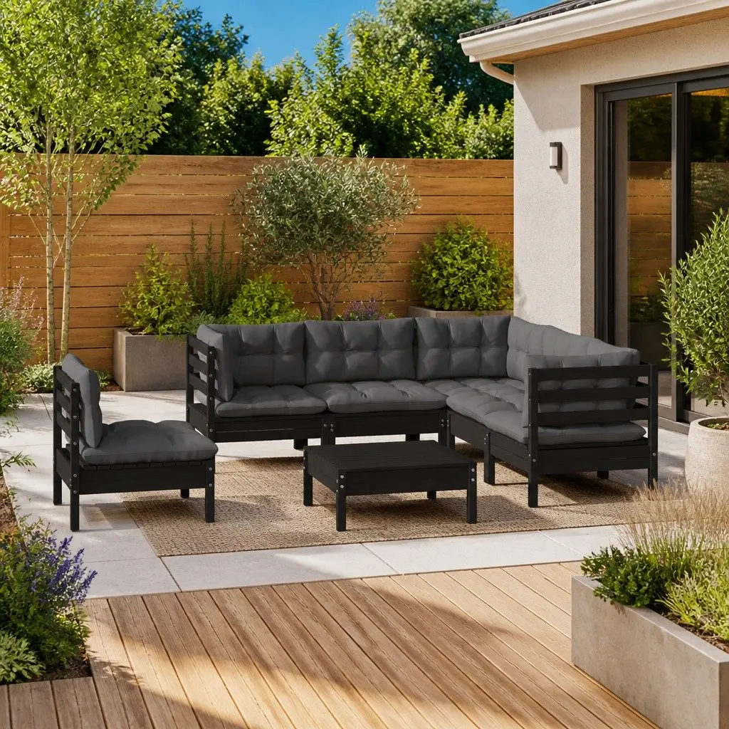 Garden Lounge Set Pinewood Modular 6 Piece Outdoor Patio Furniture Black with Cushions