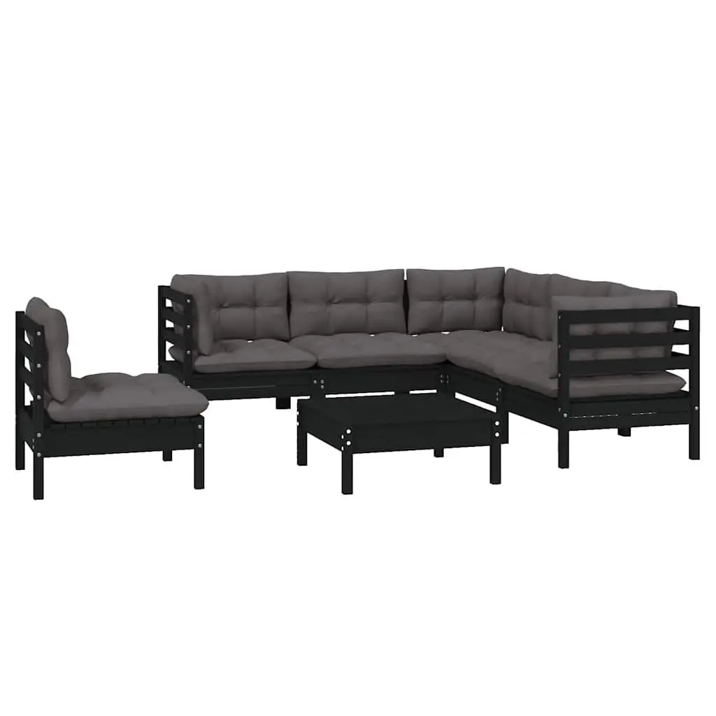 Garden Lounge Set Pinewood Modular 6 Piece Outdoor Patio Furniture Black with Cushions