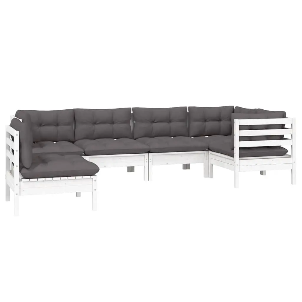 6 Piece Outdoor Furniture Set White Modular Pinewood Lounge with Cushions