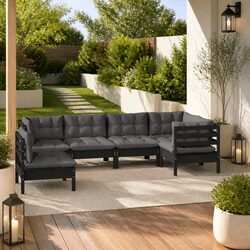 Functional 6 Piece Black Pinewood Garden Lounge Set