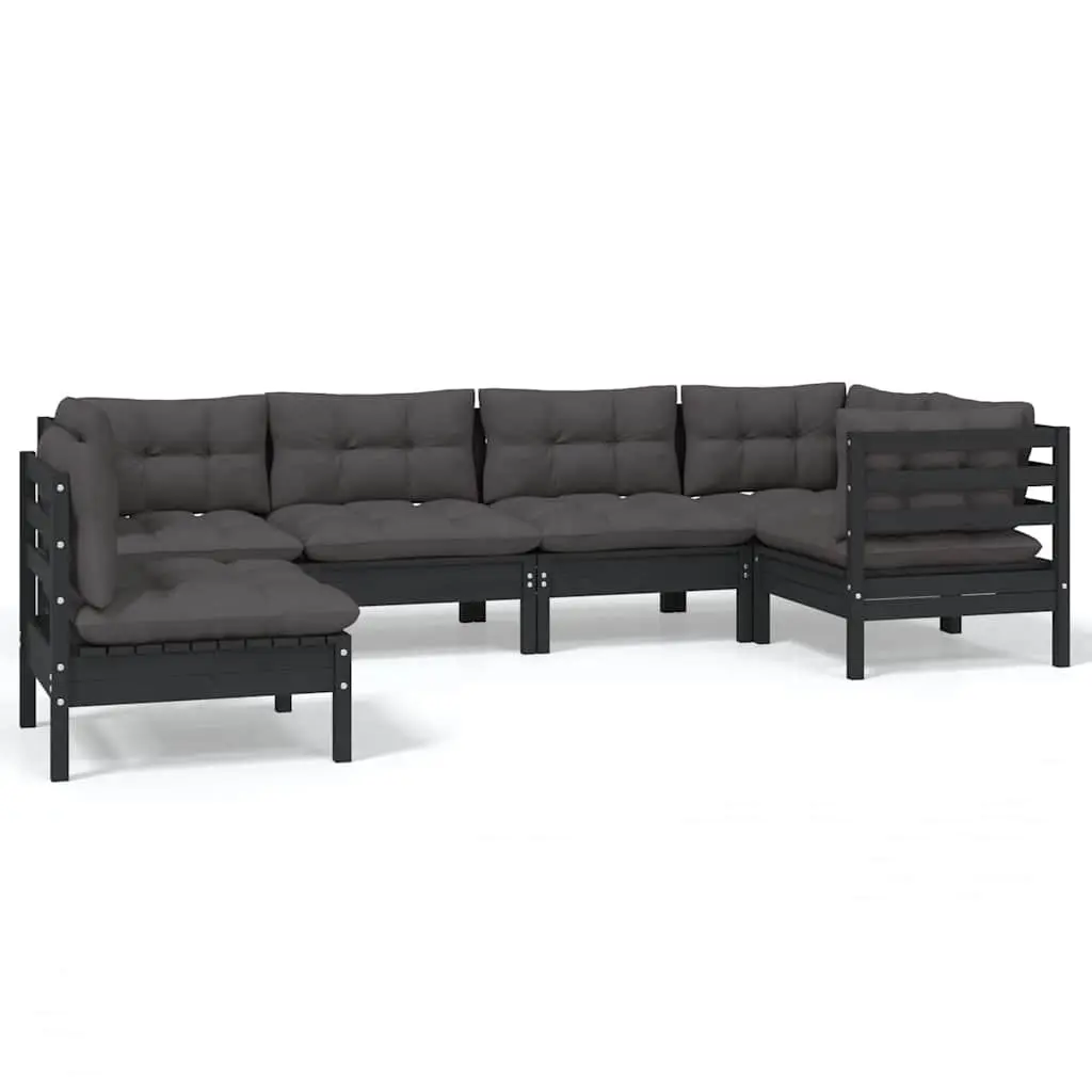 Garden Lounge Set Solid Pinewood 6 Piece Outdoor Patio Furniture Black with Cushions