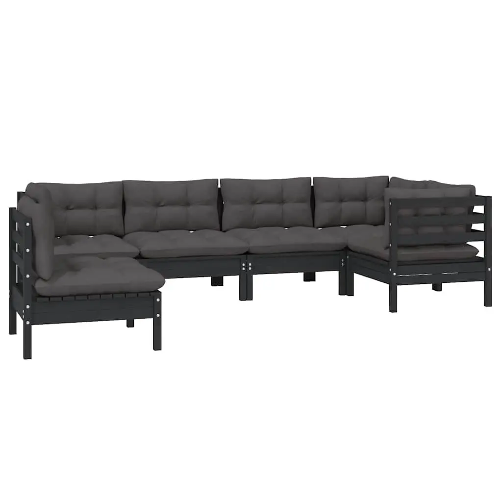 Garden Lounge Set Solid Pinewood 6 Piece Outdoor Patio Furniture Black with Cushions