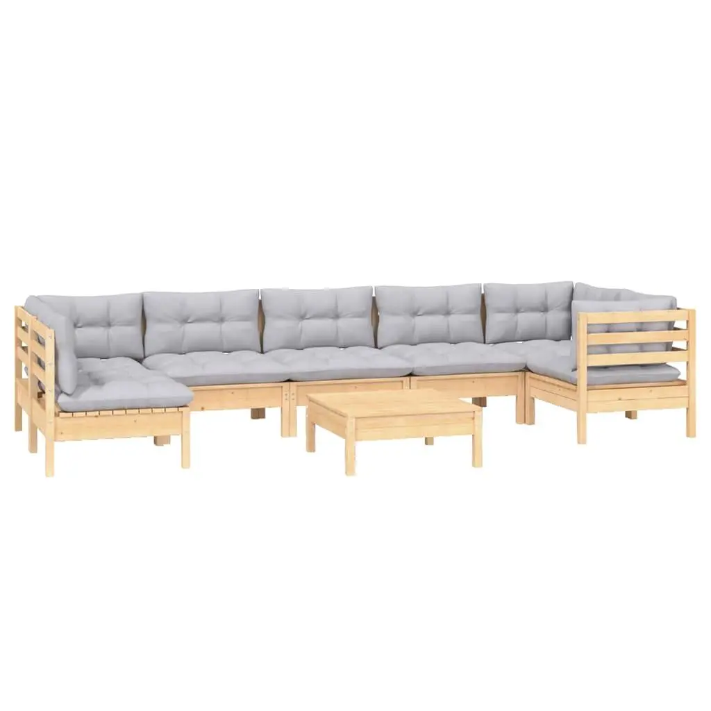 Garden Lounge Set 8 Piece Outdoor Patio Furniture with Grey Cushions Pinewood