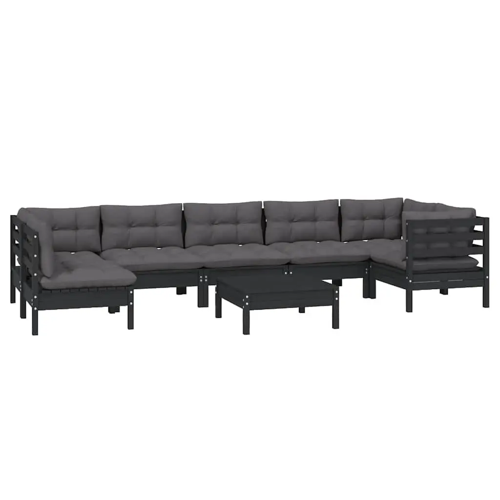 8 Piece Garden Lounge Set Black Pinewood with Cushions Outdoor Patio Furniture