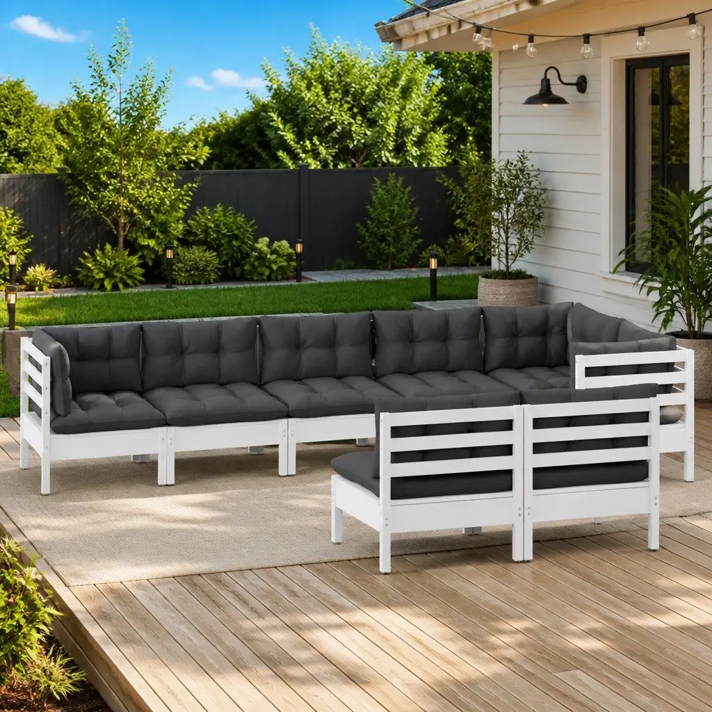 Garden Lounge Set Solid Pinewood 8 Piece Outdoor Patio Furniture with Cushions White Modular