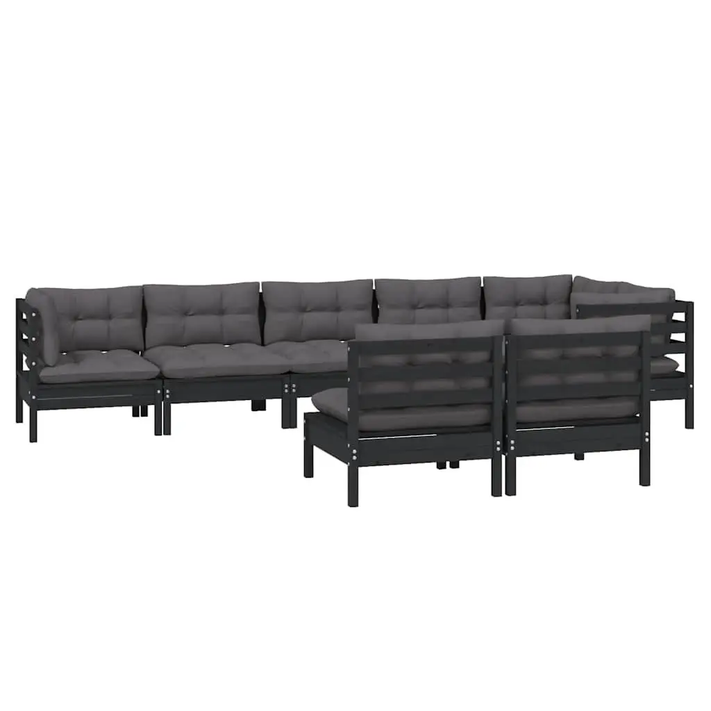 8PieceGardenLoungeSetBlackSolidPinewoodPatioOutdoorWithCushionsModularDesign
