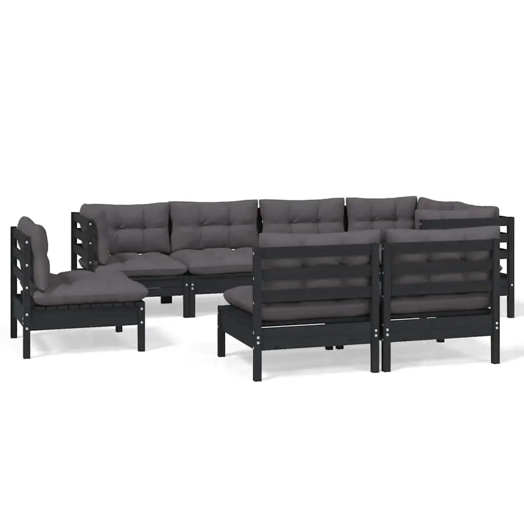 Modular Outdoor Furniture Lounge Set 8 Piece Black Solid Pinewood with Cushions