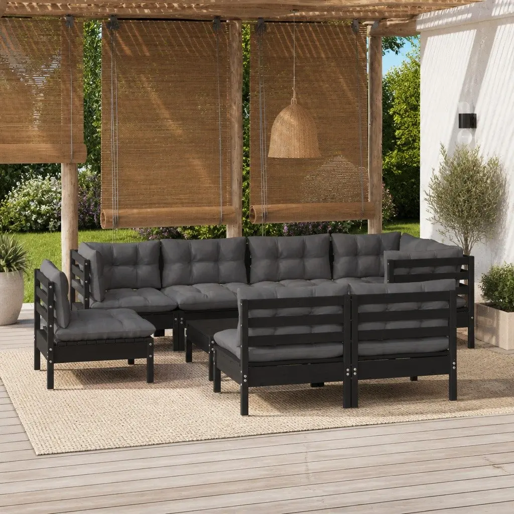 Modular Black Cushioned Garden Lounge Set 9 Piece Solid Pinewood Outdoor Patio Furniture