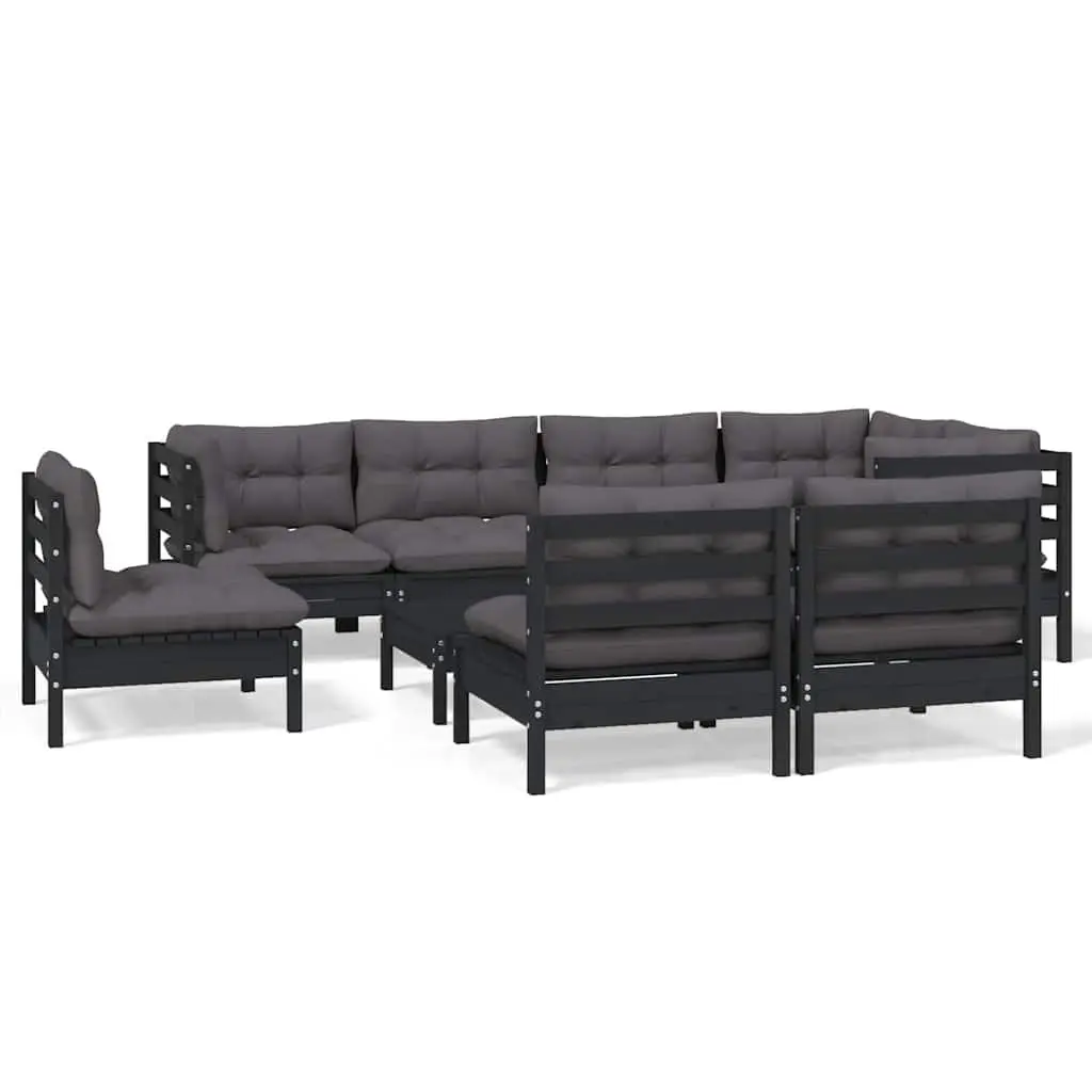 Modular Black Cushioned Garden Lounge Set 9 Piece Solid Pinewood Outdoor Patio Furniture