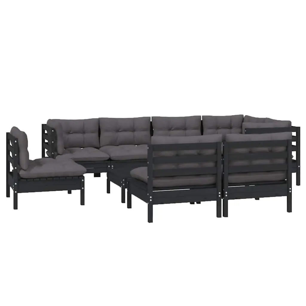 Modular Black Cushioned Garden Lounge Set 9 Piece Solid Pinewood Outdoor Patio Furniture