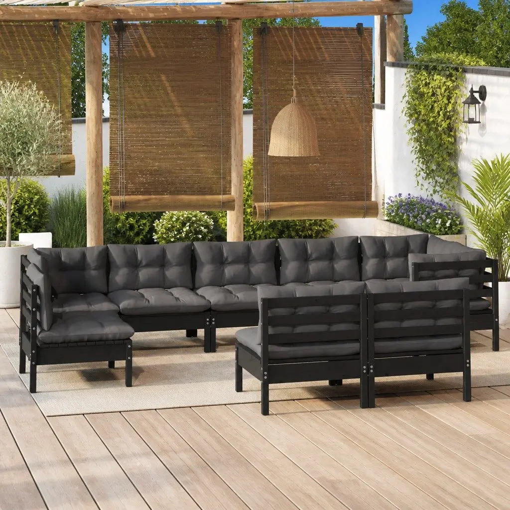9 Piece Outdoor Patio Furniture Set Modular Black Pinewood Garden Lounge with Cushions