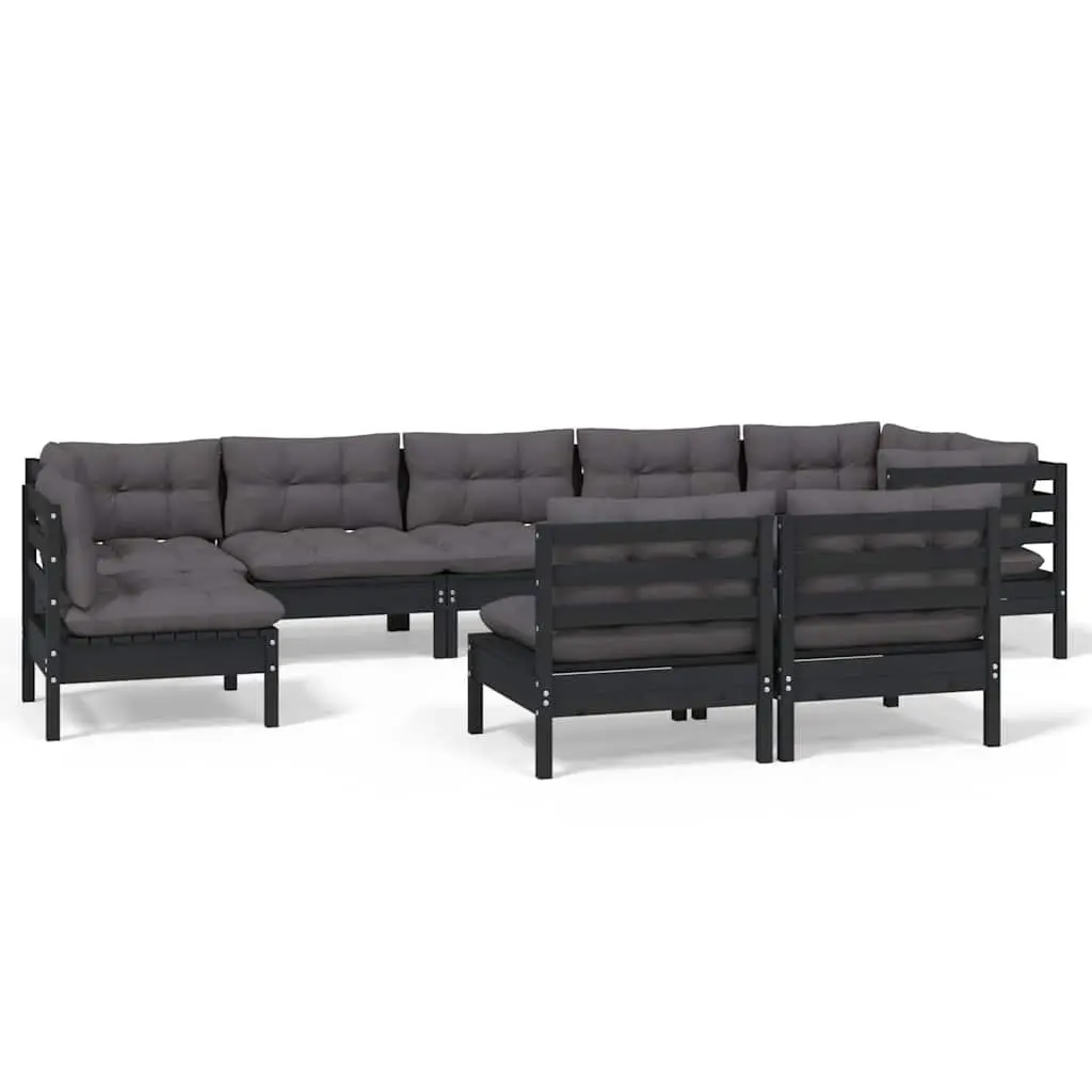 9 Piece Outdoor Patio Furniture Set Modular Black Pinewood Garden Lounge with Cushions