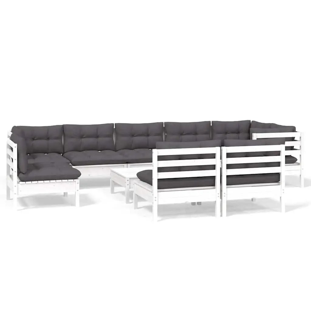 Modular Outdoor Lounge Set 10 Piece White Solid Pinewood Furniture with Cushions