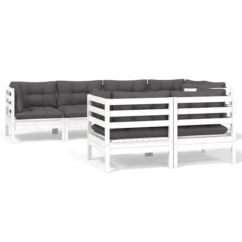 7 Piece Modular Garden Patio Lounge Set White Solid Pinewood with Cushions